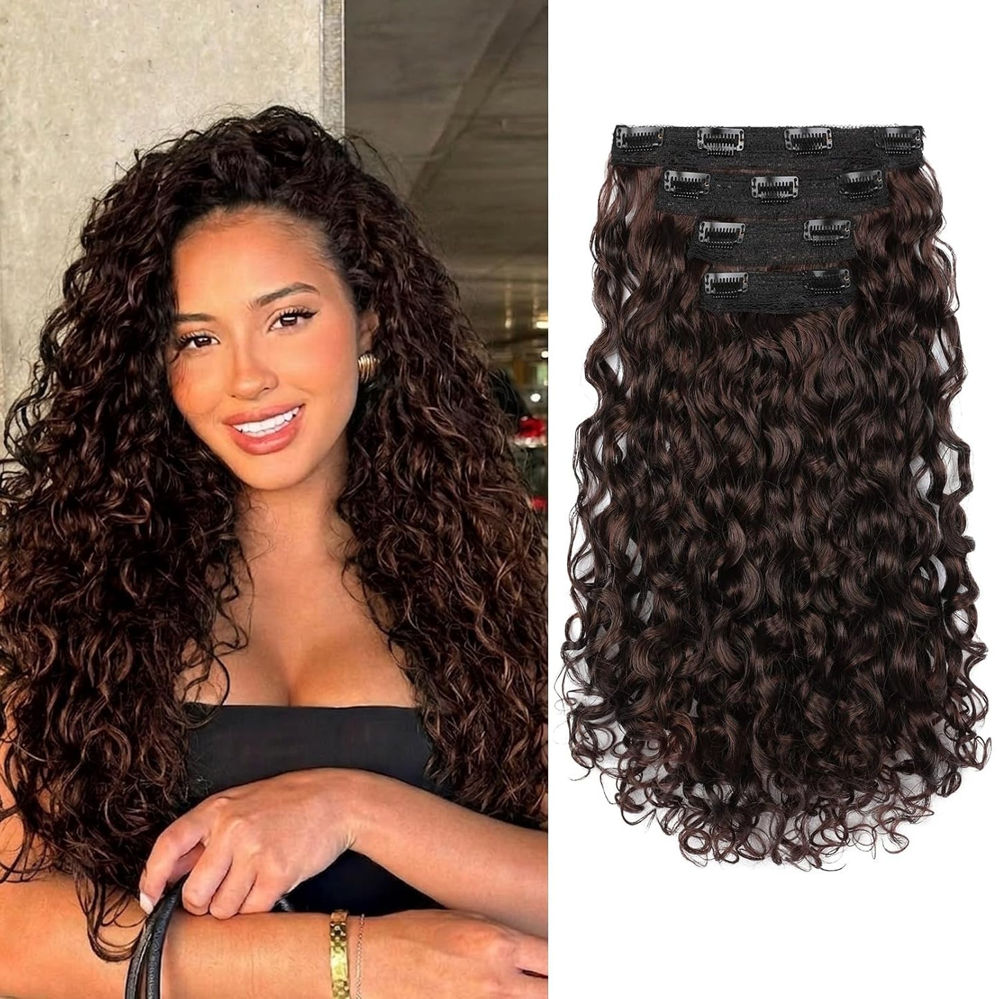 Curly Hair Extensions - 4PCS 18" GoGo Curly Clip-Ins | 100% Protein Hairpieces, Honey Blonde Highlights
