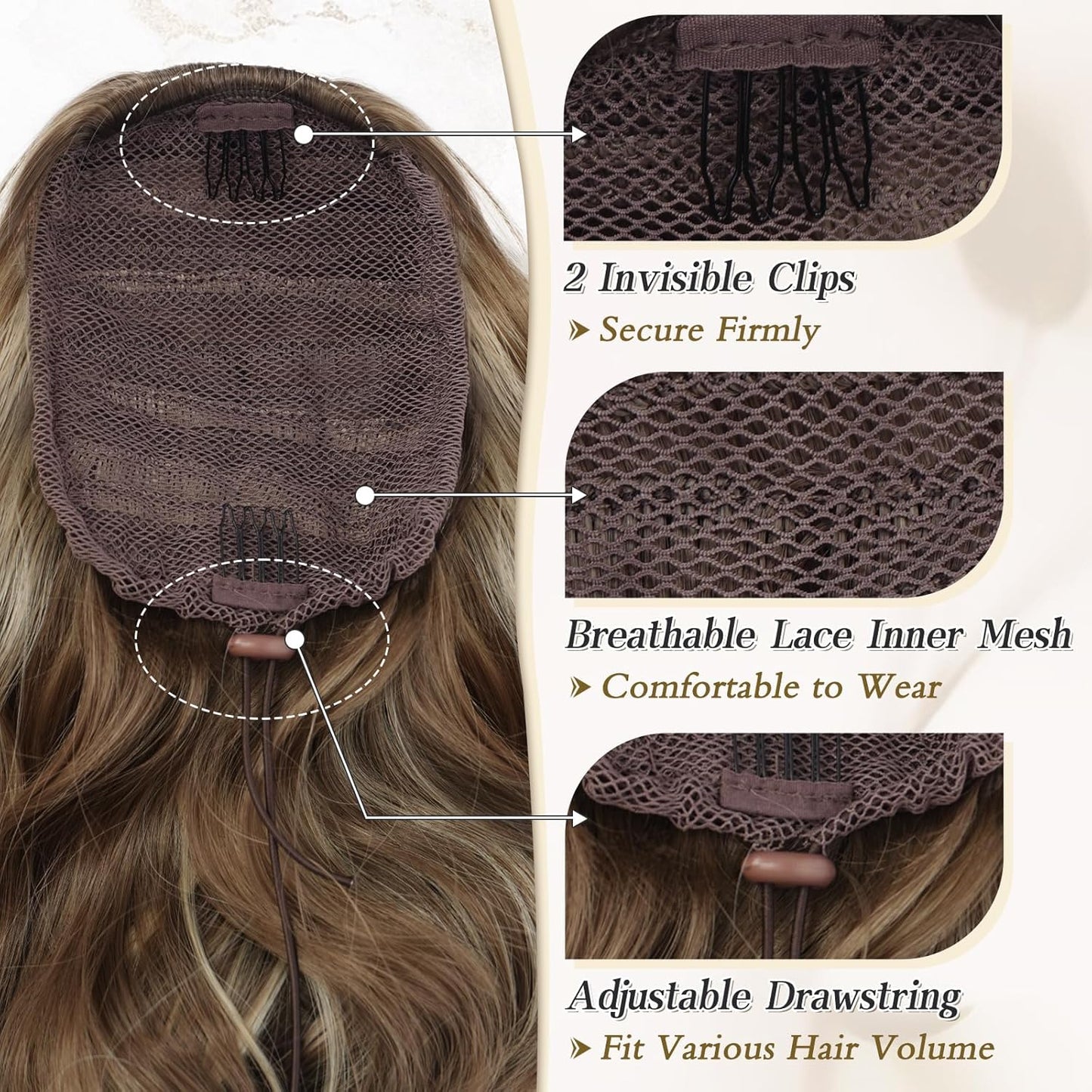 Highlight Ponytail Extension - 20 Inch Curly Wavy Drawstring Hairpiece | Ash Brown & Blonde