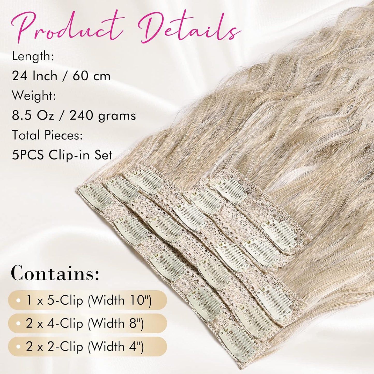 Clip In Hair Extensions - 5PCS Ash Blonde Highlights | 24" Thick Loose Waves, Soft & Natural Hairpieces for Women