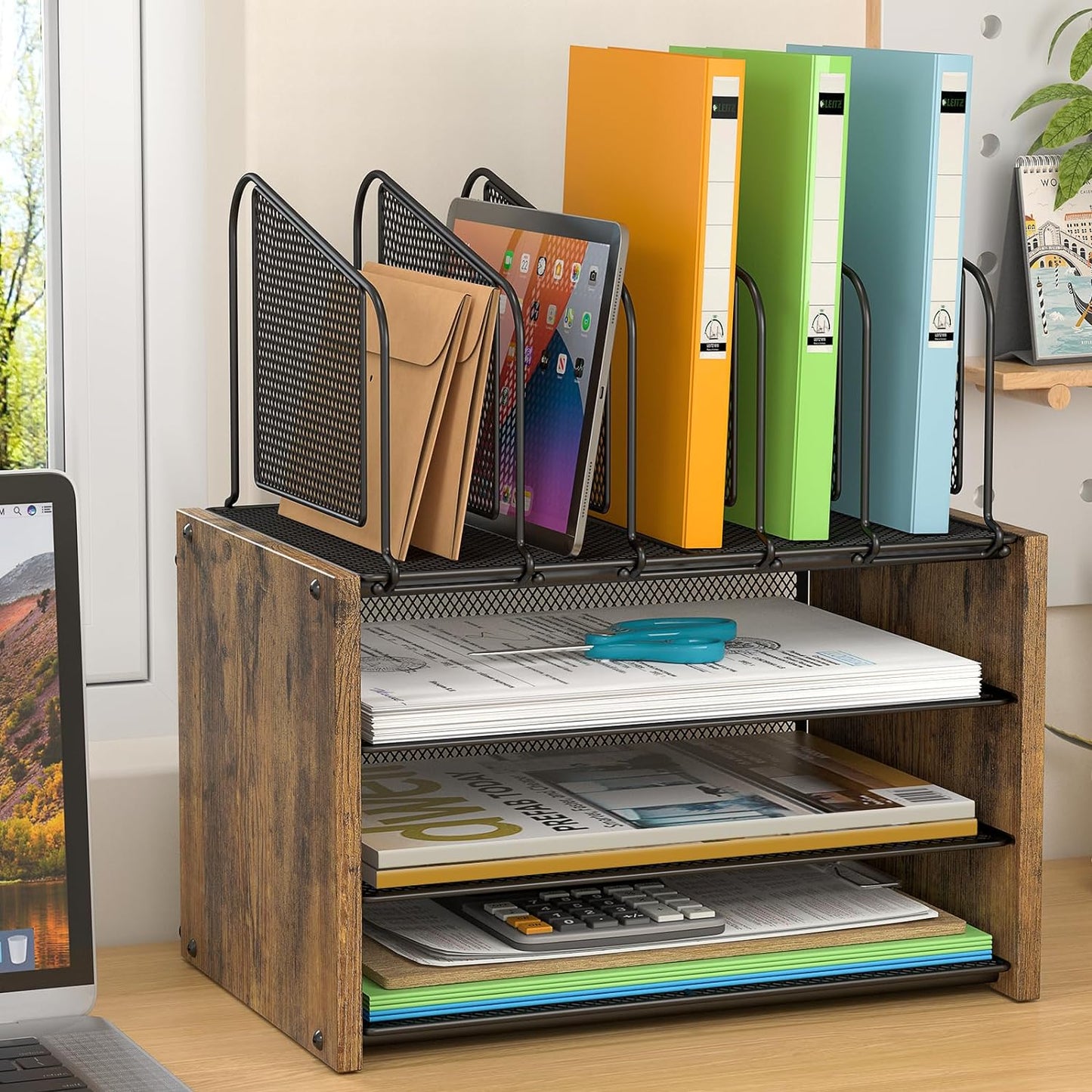 4-Tier Desk Organizer - Wooden Desktop File Holder with 5 Vertical Slots | Office & Home Use