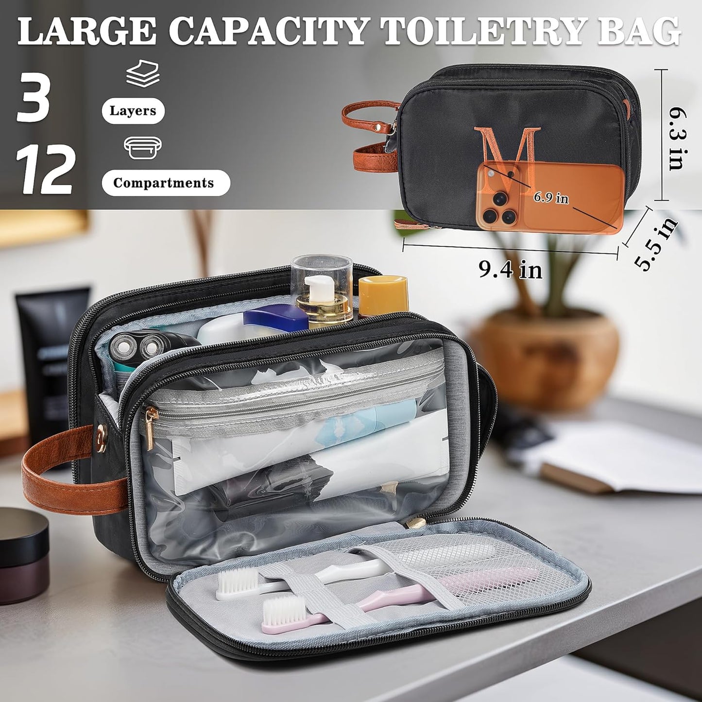 Men's Toiletry Travel Bag - Water-Resistant Dopp Kit for Travel | Personalized Gifts for Boyfriend, Husband, Dad - Black, Letter K