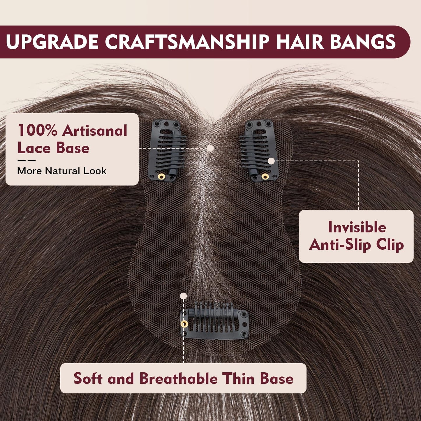 Human Hair Toppers for Women,TESS Hair Toppers for Women Real Human Hair,Clip in Bangs,Invisible 3D 360°Full Cover Middle Part Side Bangs 2.8"*4.3"Lace Base 11 inches 14g #02 Dark Brown