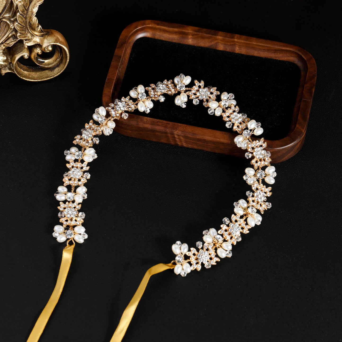 527&huan Gold Butterfly Bridal Headband Teardrop Pearls Crystal Rhinestone Wedding Hair Vine, Handmade Copper Wire Woven Wedding Hair Accessory with Satin Ribbon for Bride Bridesmaid Prom Pageant