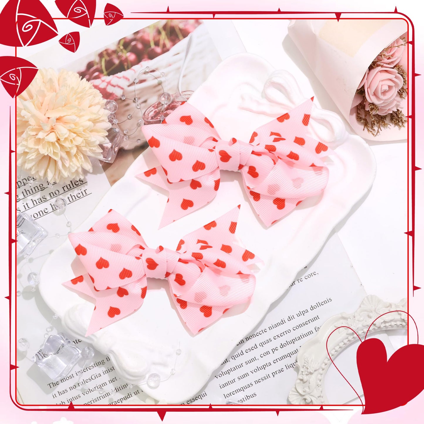 STGDAK Hair Bow Clips Love Heart Bow For Girls Pink Bows Red Print Cute Bowknot Barrettes Easter Hairpins 4 Inch Hair Accessories For Women Decor Party DEaster Basket Stuffers for Girls Gifts