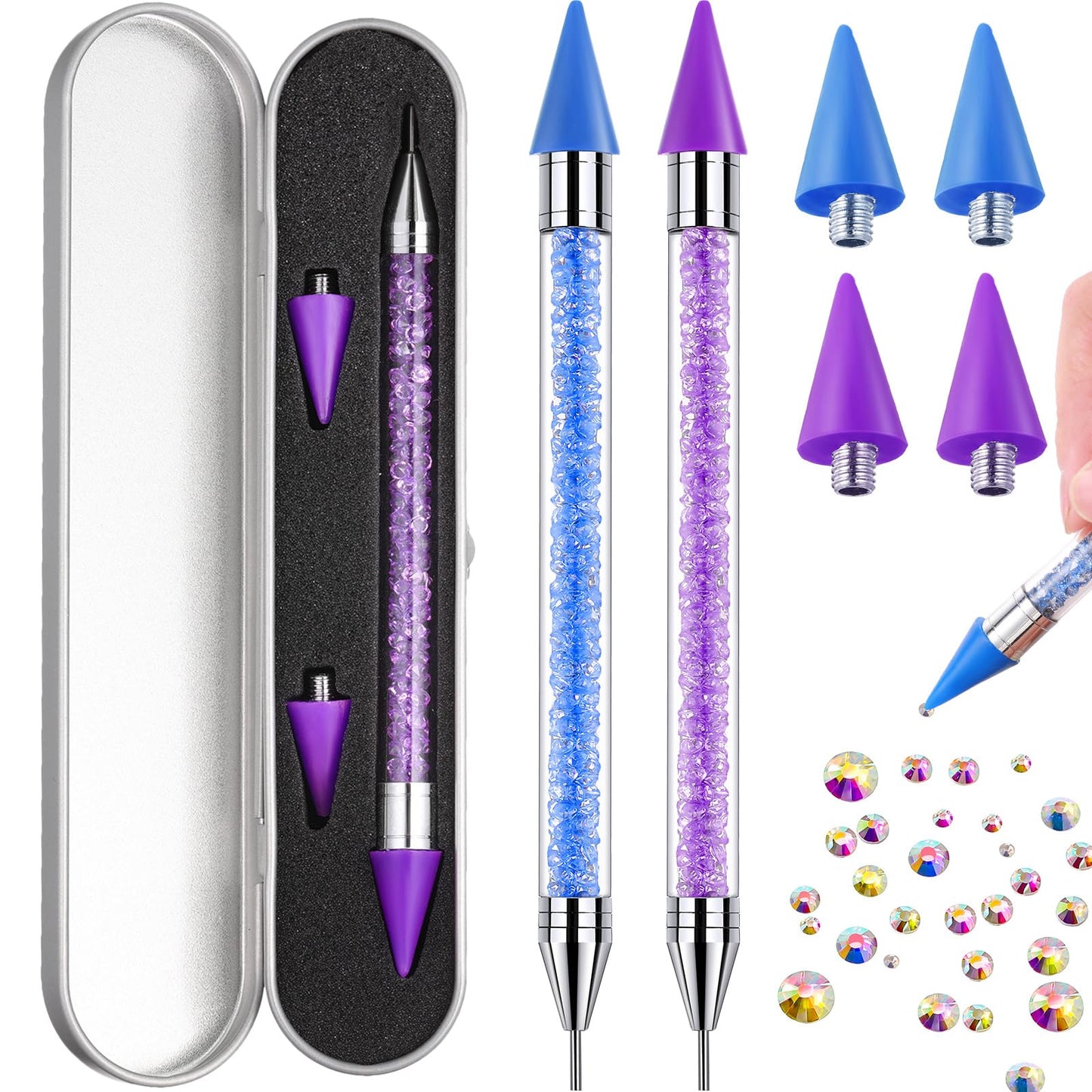 Tatuo 2 Pcs Rhinestone Picker Tool Kit with Extra 2 Wax Head,Purple, Blue