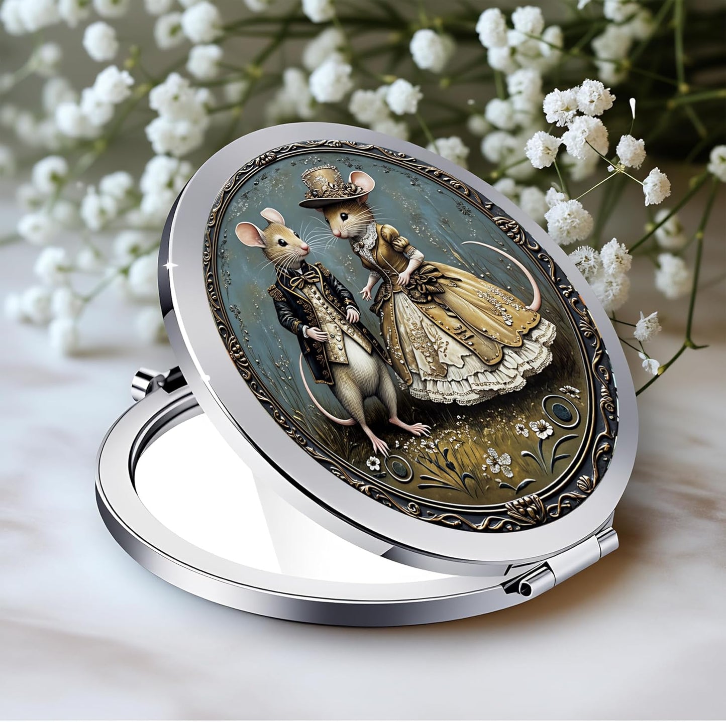 Silver Compact Mirror - Double-Sided Folding Makeup Mirror with Red Rose Design | 2.8 x 2.8 Inches, Perfect Gift for Women