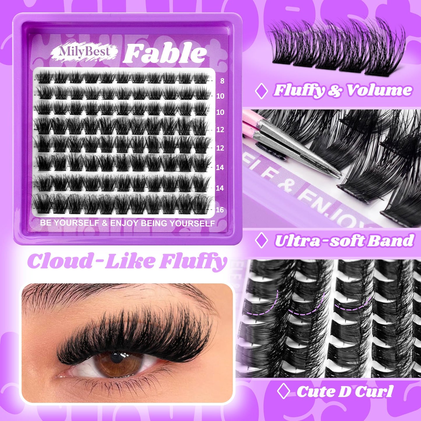 MilyBest Fable Lash Clusters, Fluffy Wispy Cluster Eyelash Extensions, 88pcs DIY Individual Lashes D Curl - Natural Volume to Fairy Glam, 8-16mm Eyelash Clusters