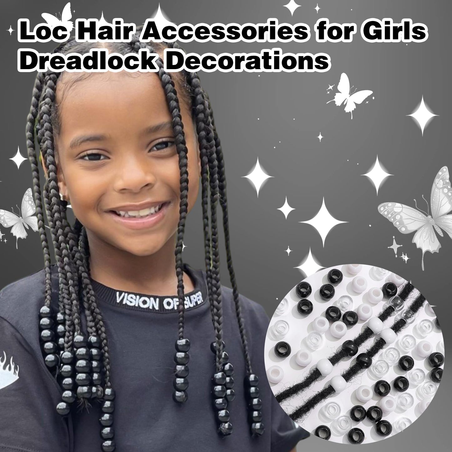 NAISKA 60PCS Black Hair Beads Clear Braids Beads Acrylic Round Loc Bead White Large Hole Dread Bead Versatile Dreadlock Accessories for Unisex
