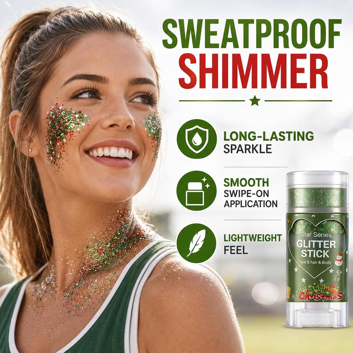 Brazil Face Glitter Stick - Green & Red Sweatproof Body Glitter for World Cup, Saint Patrick’s Day | Party Accessory