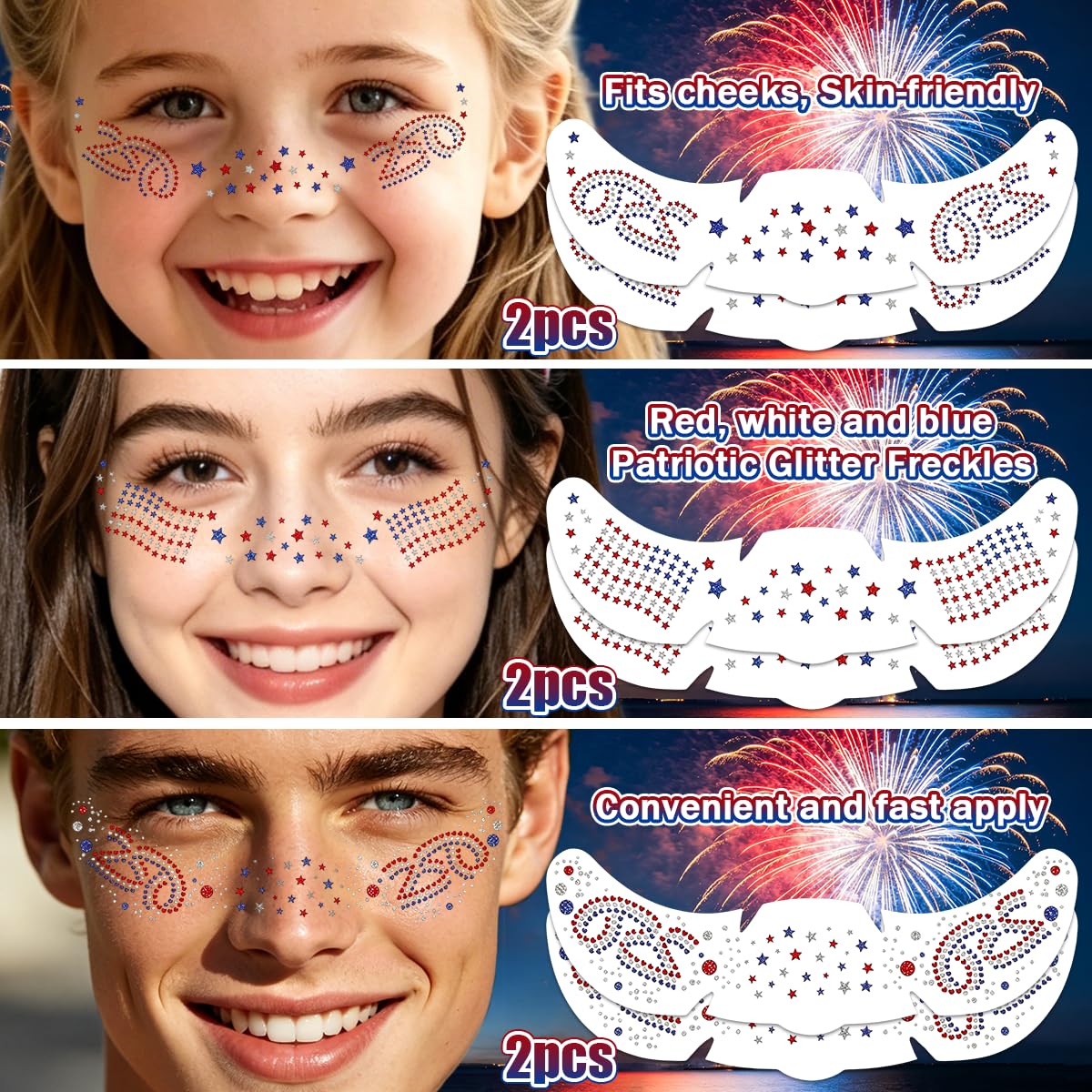 Mysense 250 Anniversary USA Merchandise, 6 Pcs 4th of July Tattoos & Face Gems Set, Red White Blue Glitter Freckles, Self-Adhesive Rhinestone Stickers, Perfect for 4th of July Outfits for Women