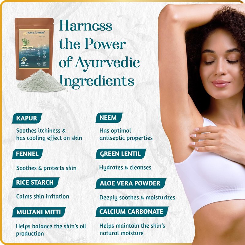 ROOTS AND HERBS Neem and Fennel Depilatory Mask - Vegan Hair Removal for Sensitive Skin: Facial, Pubic, Bikini, Leg - Organic Powder Waxing