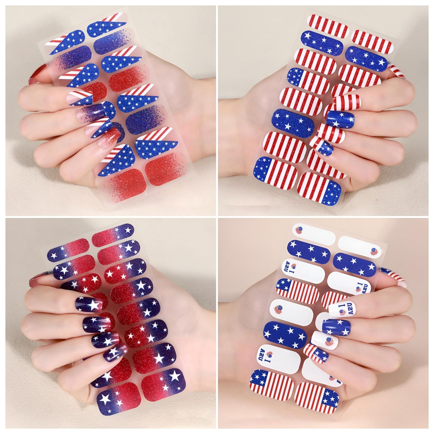 4 Sheets 4th of July Nail Wraps for Woman - Patriotic Full Cover Red White Blue Glitter Stars Stripes Self-Adhesive French Nail Polish Strips Independence Day Memorial Day Veterans Day Party Gift Set