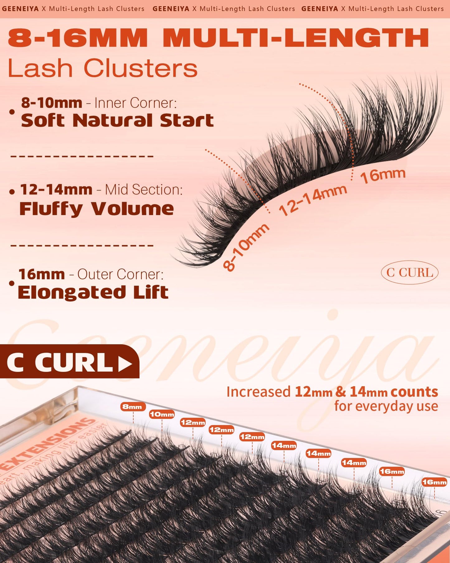 Geeneiya Fluffy Lash Clusters 8-16mm, Natural 3D Fluffy Effect Eyelash Clusters, C Curl DIY Cluster Eyelash Extensions for Salon-Like Lashes at Home