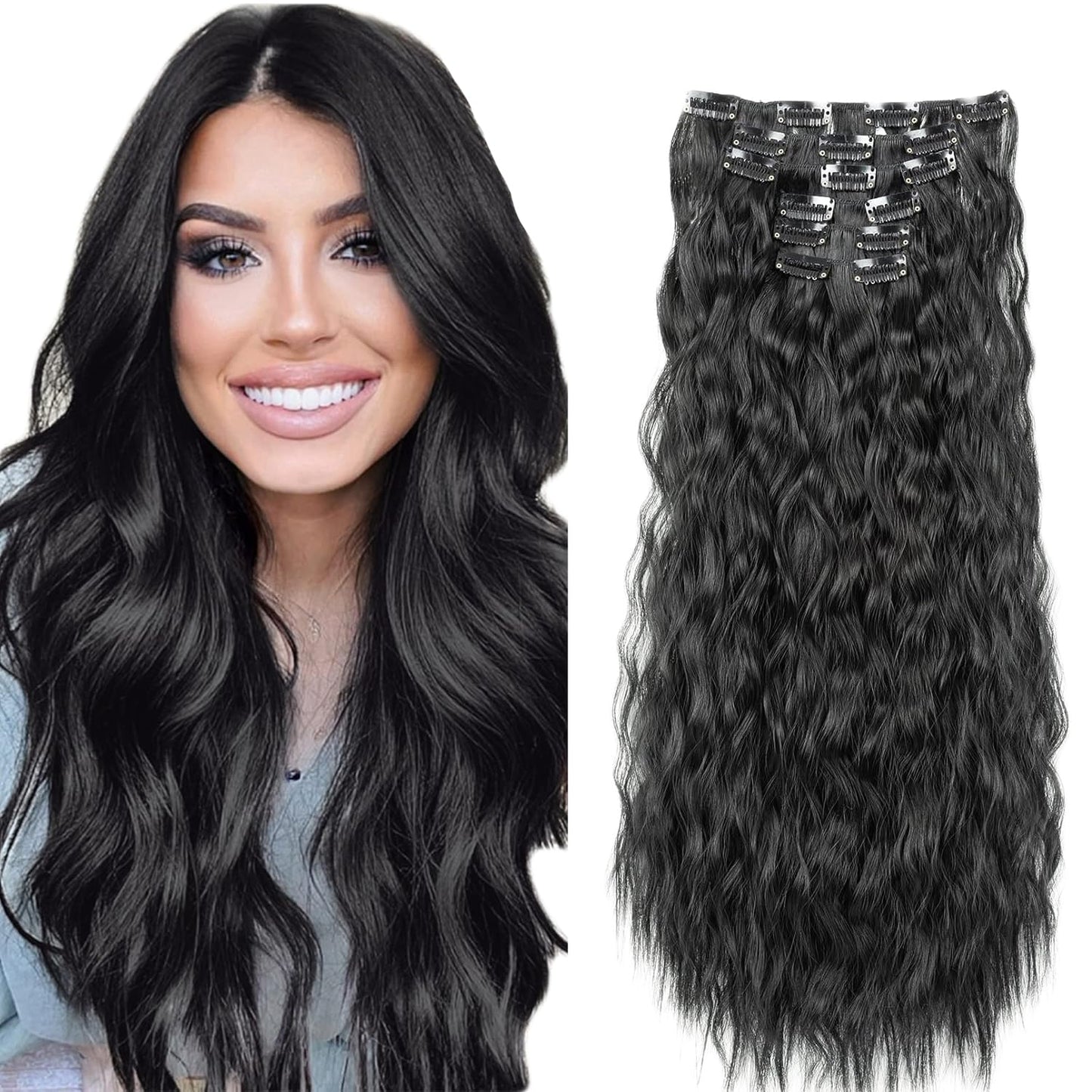 #1B Long Wave Clip in Hair Extensions Real Human Hair, 16 Inch 120g/7Pcs,Full Shine Remy Human Hair,Natural Black Clip ins Brazilian Virgin Human Hair Extensions