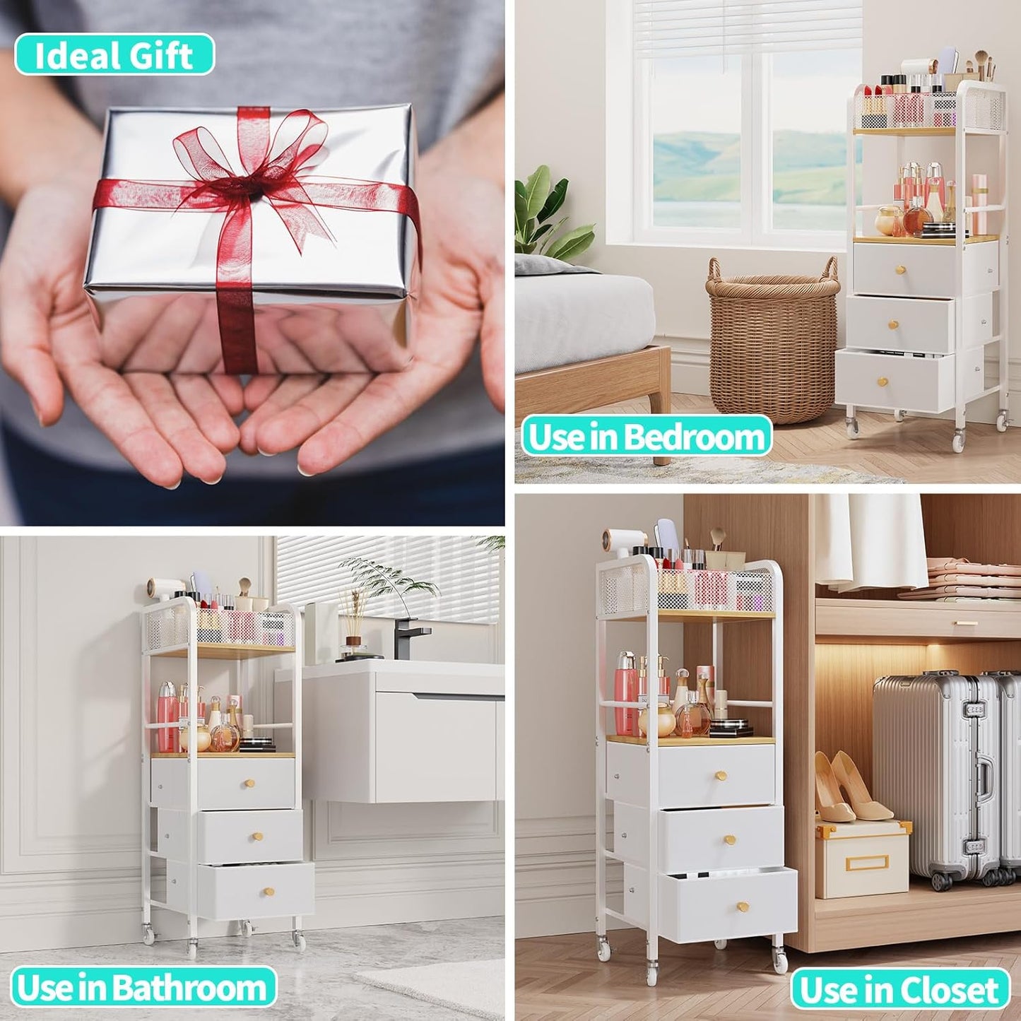 Rolling Makeup Cart Organizer - Skincare & Cosmetic Storage with 3 Fabric Drawers | Vanity Display Case for Beauty Tools