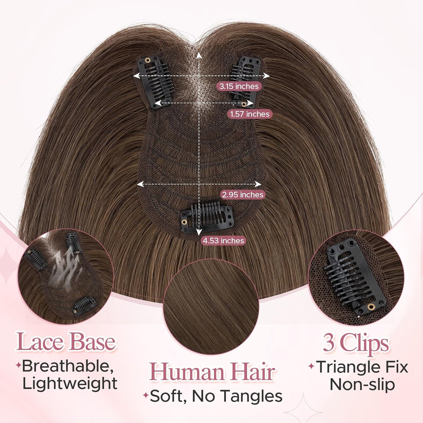 **Hair Toppers for Women - Real Human Hair with Curtain Bangs | 10-Inch Lace Base Clip-In Piece - #02 Dark Brown**