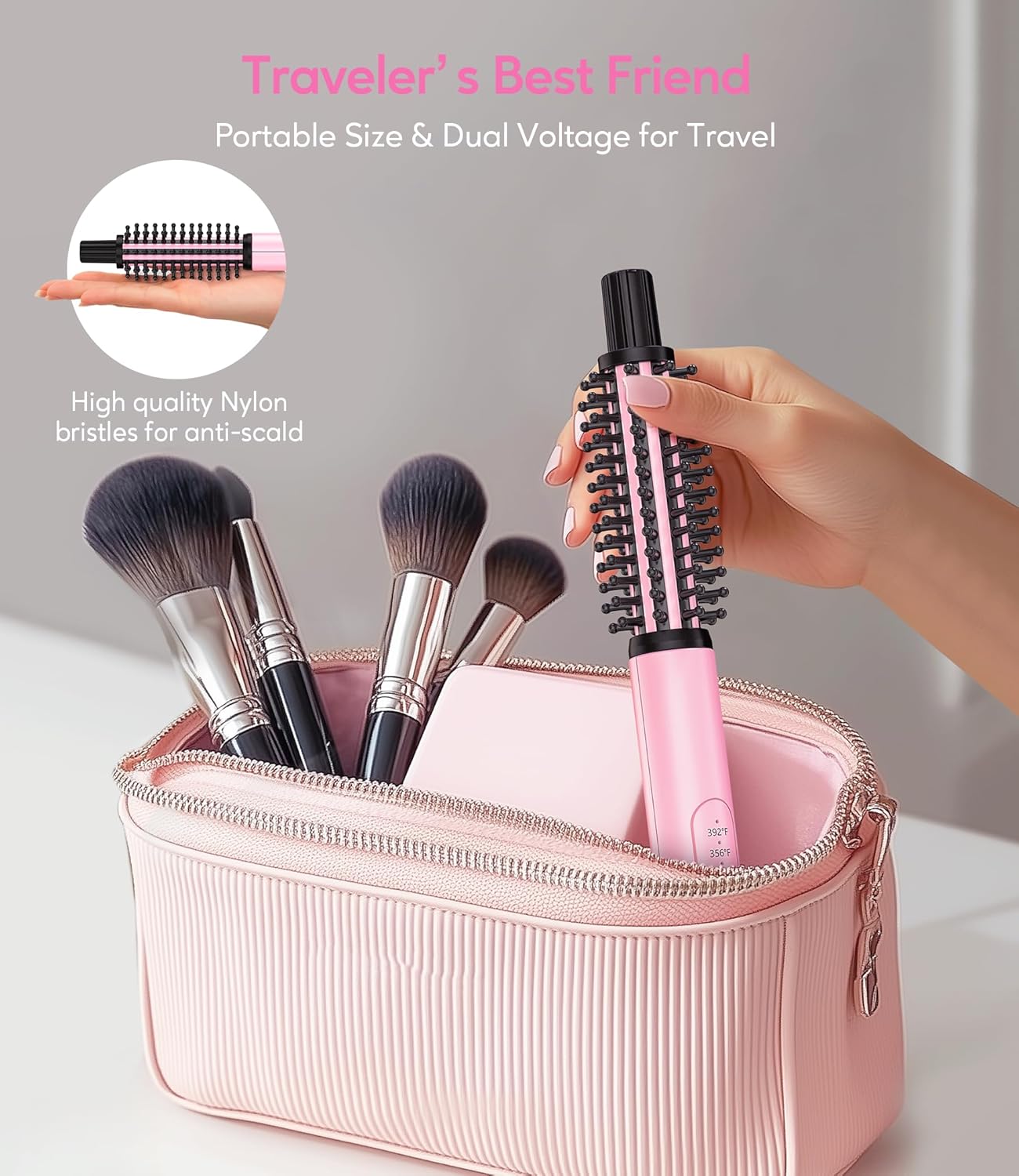Mini Thermal Brush - 3 Temperature Adjustable Heated Round Brush for Short Hair | Travel Size Curling Iron in Pink