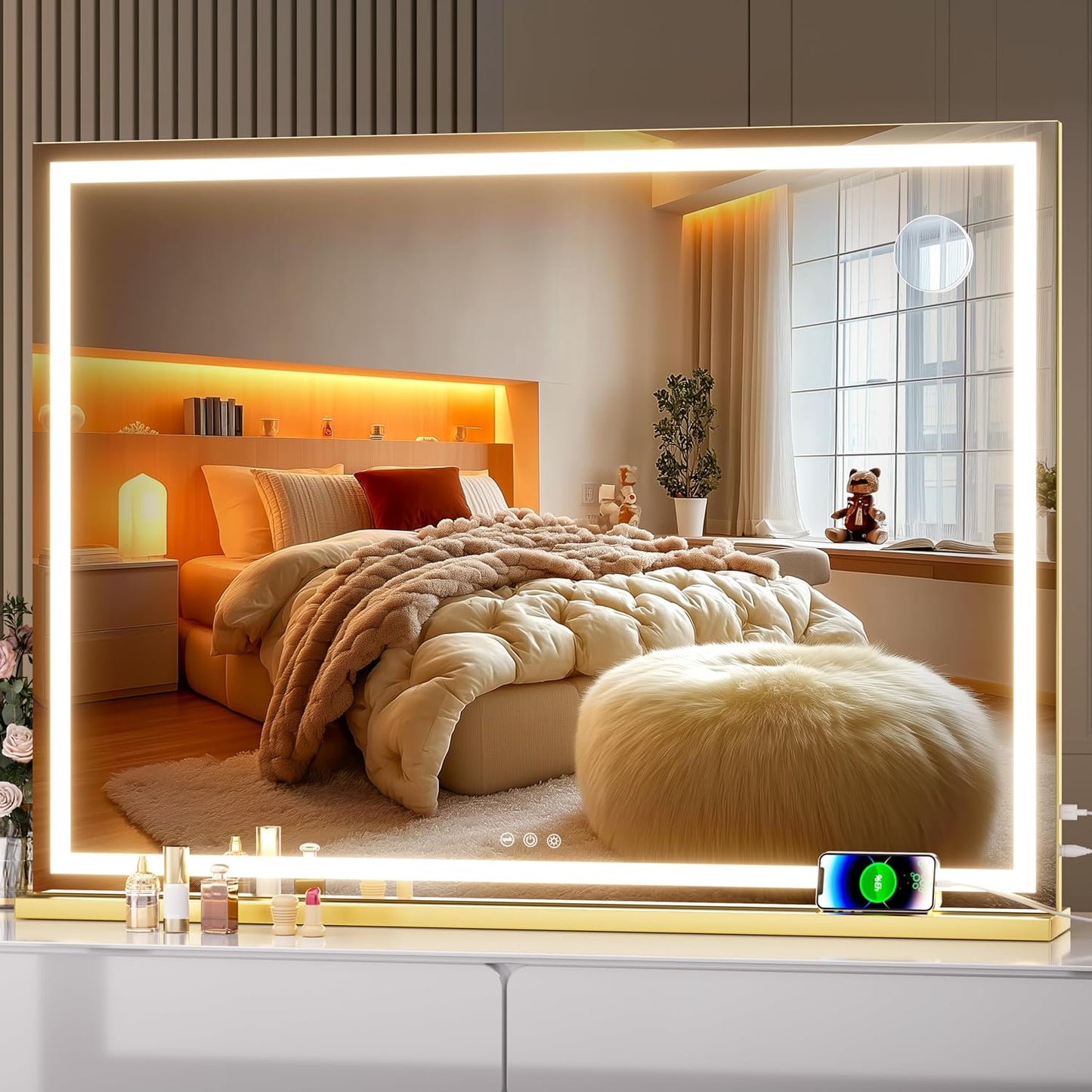 LED Makeup Mirror with Lights - 31.5" x 22" Dimmable Touch Screen Vanity Mirror | Round Black Design