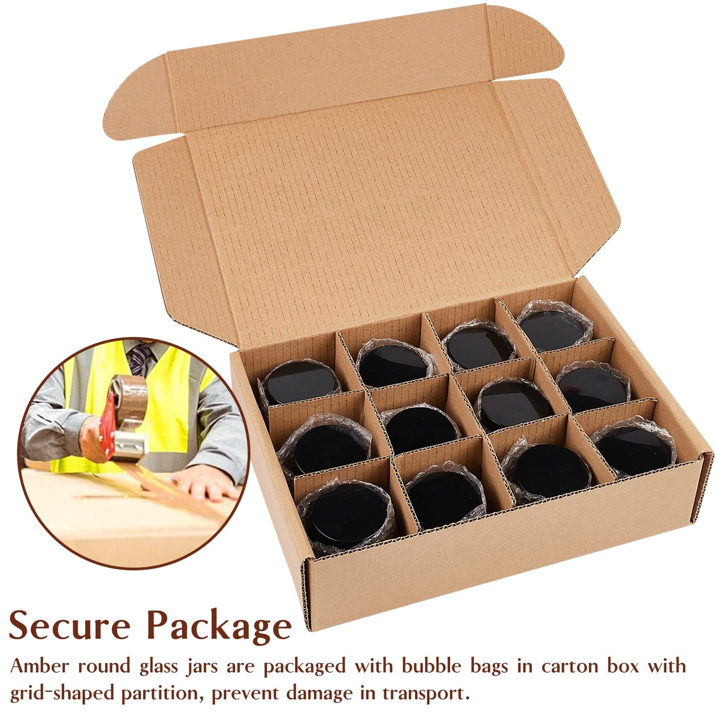 2 Oz Glass Jars with Lids, 12 Pack Thick Amber Glass Jar with Inner Lid and Black Lid, Leakproof Round Airtight Empty Cosmetic Containers for Lotion Cream and Candle Making