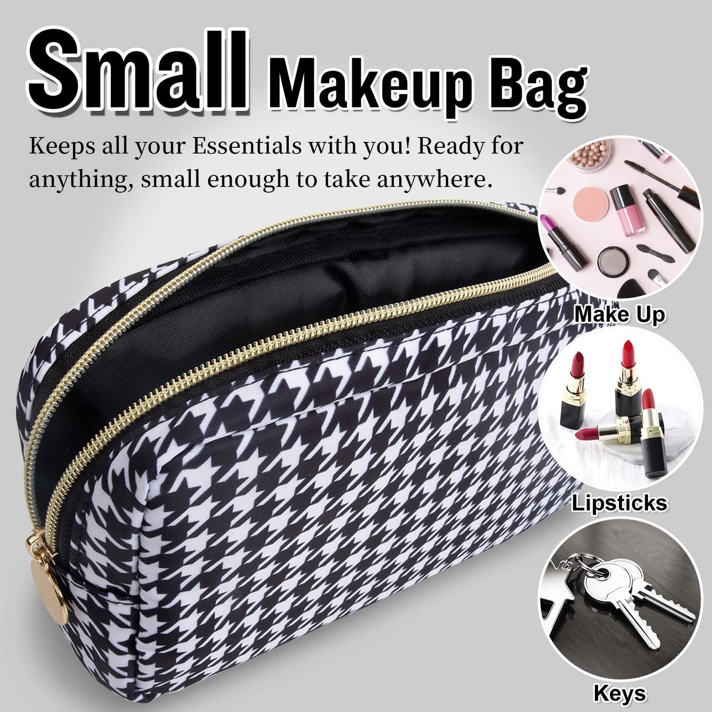 Nylon Small Makeup Bag for Purse, Cute Makeup Pouch Bag Preppy Cosmetic Zipper Pouch Purse, Portable Travel Toiletry Bag Clutch Makeup Brush Bag Organizer Storage for Ladies Girls(Black Houndstooth)