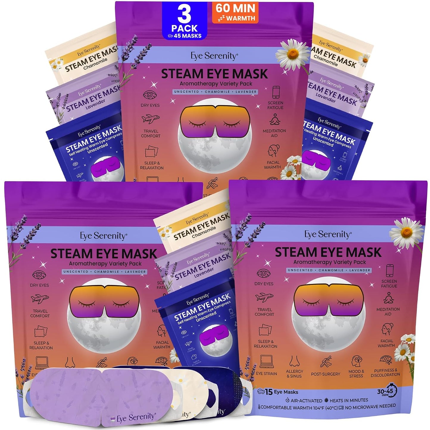 Heated Eye Mask - Eye Serenity Steam Mask for Dry Eyes | Moist Heat Relief for Styes & Puffiness - Lavender