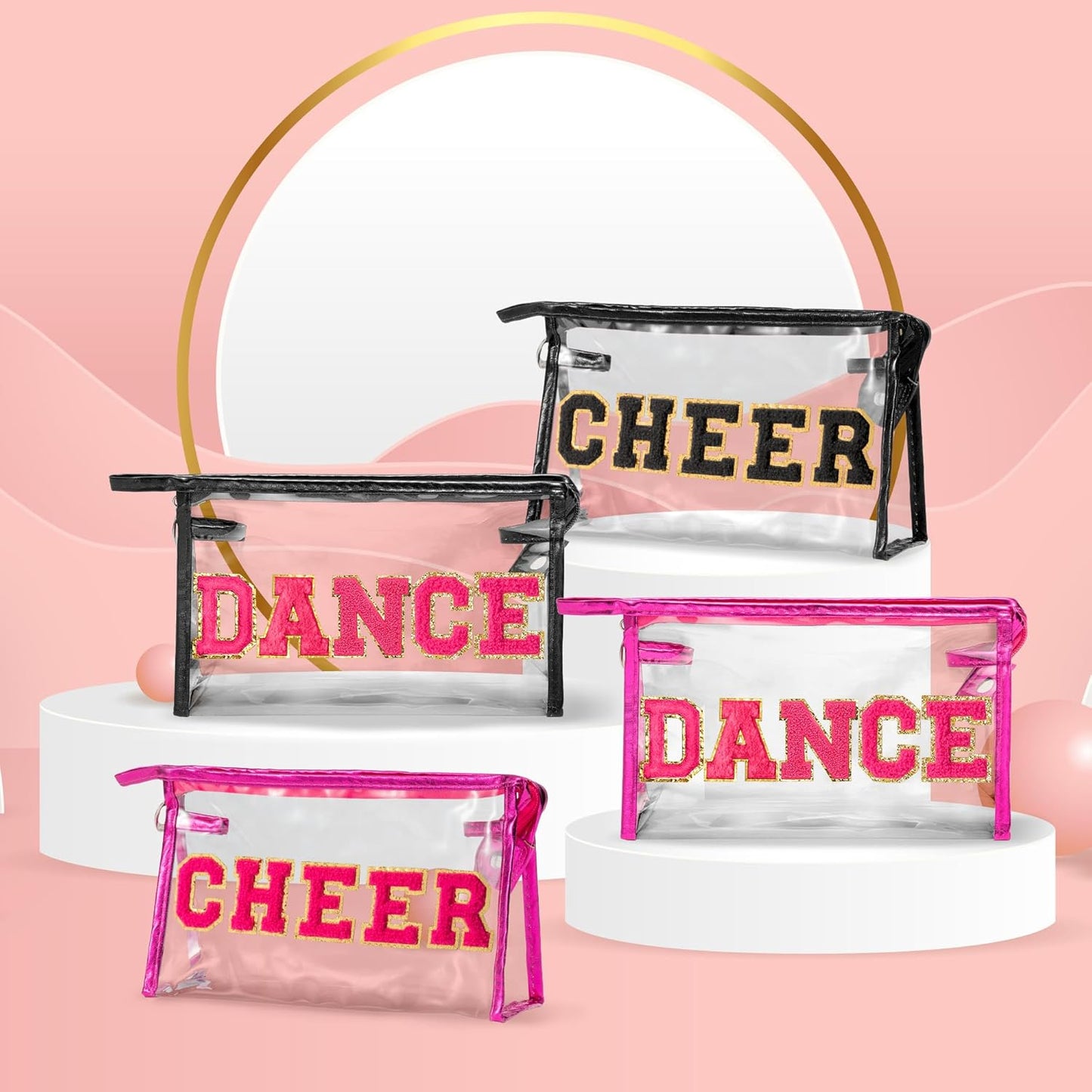 Clear Makeup Bag - Preppy Hot Pink Dance Chenille Patch | Extra Large Waterproof Toiletry Organizer for Women