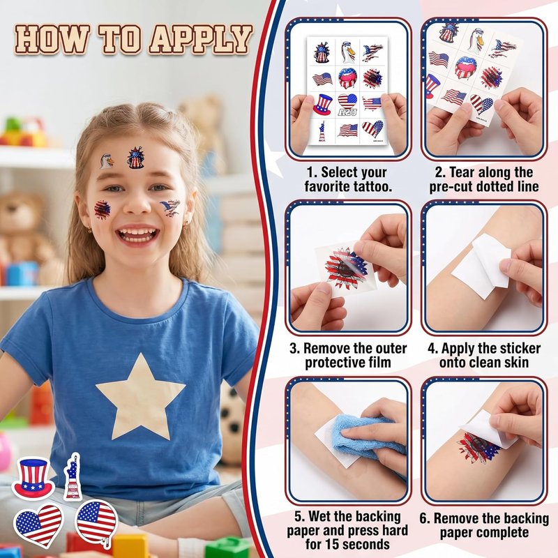Fourth of July Patriotic Temporary Tattoos - 96PCS USA Flag Designs for Kids & Adults | Perfect Party Favors & Independence Day Accessories