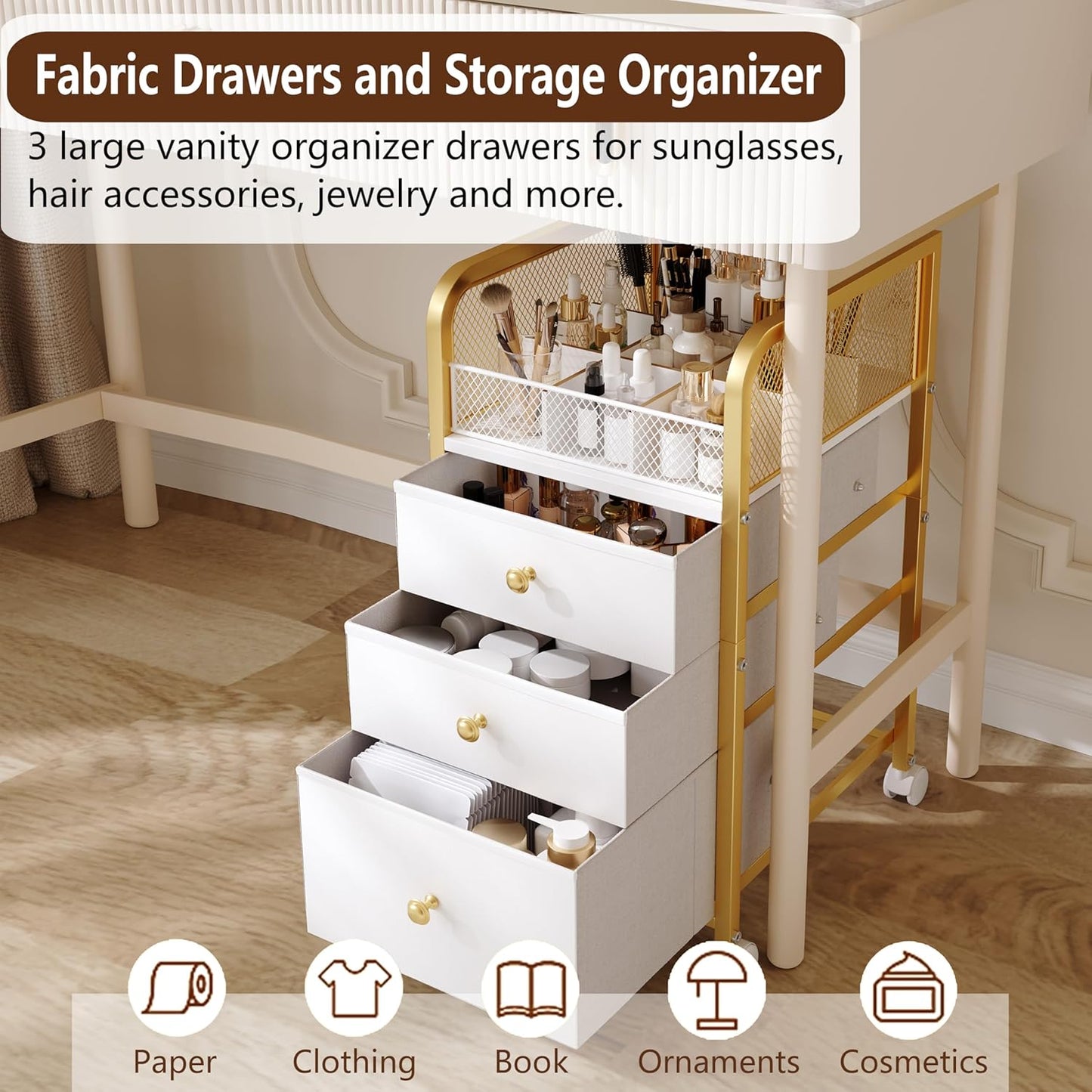 Rolling Makeup Organizer Cart - 3 Drawer Vanity Storage with Gold Finish | Under Desk Cosmetic Display for Nail Polish & Brushes