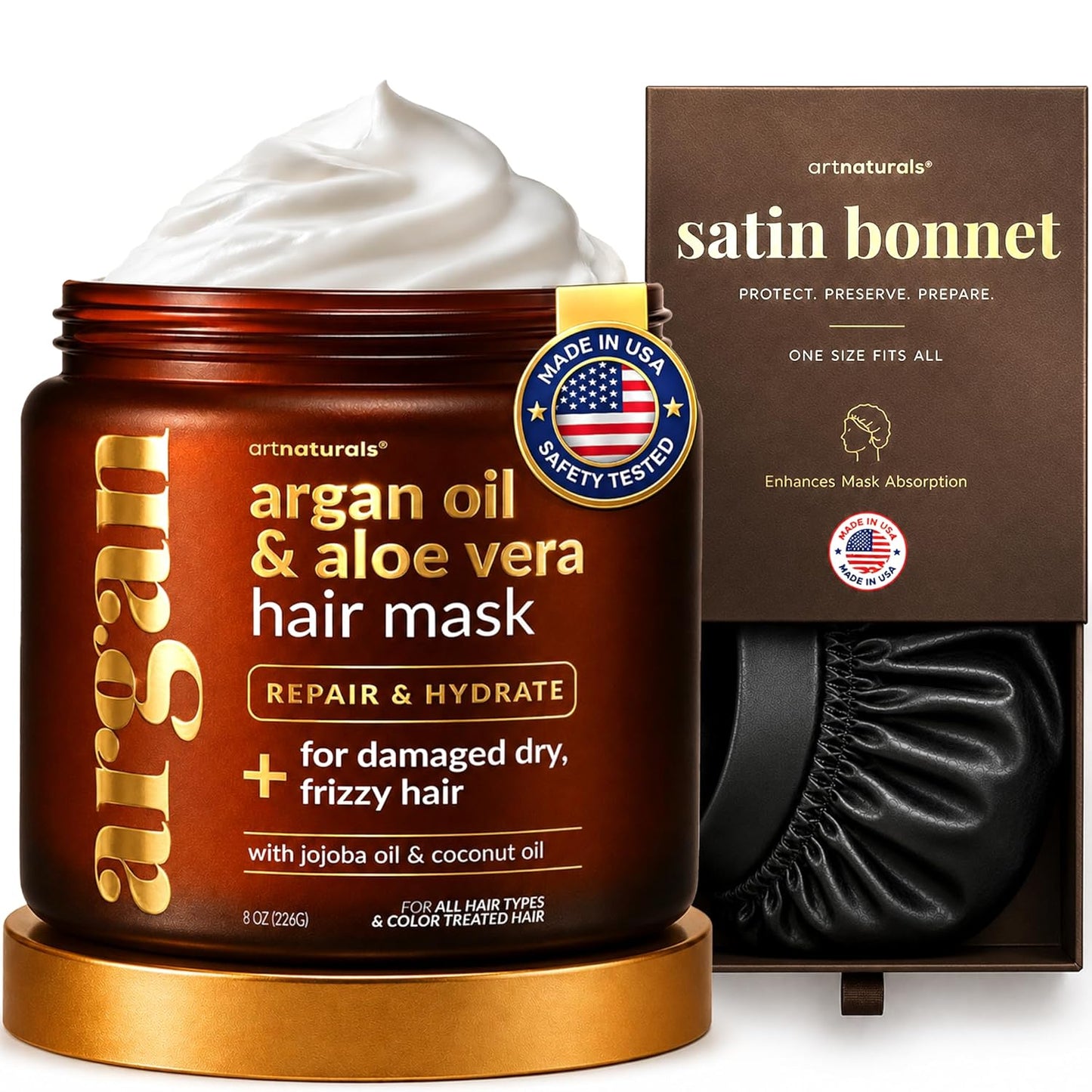 ArtNaturals 2-Step Deep Repair Hair Mask - Intensive Argan Oil Treatment for Damaged & Color-Treated Hair | 8 oz with Silk Bonnet