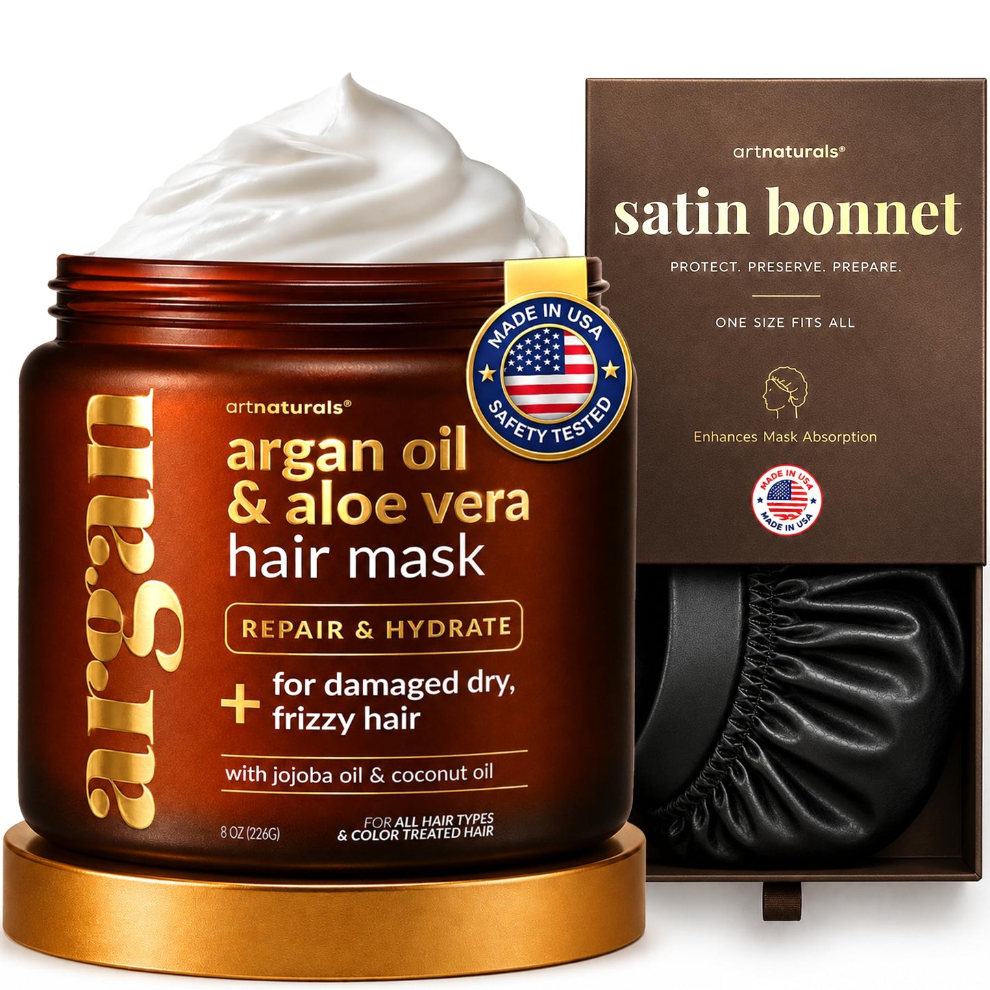 ArtNaturals 2-Step Deep Repair Hair Mask for Damaged Hair - Intensive Treatment for Dry, Damaged & Color-Treated Hair - Argan oil Deep Conditioner w/ Silk Bonnet to Drive Deeper Penetration 8 oz