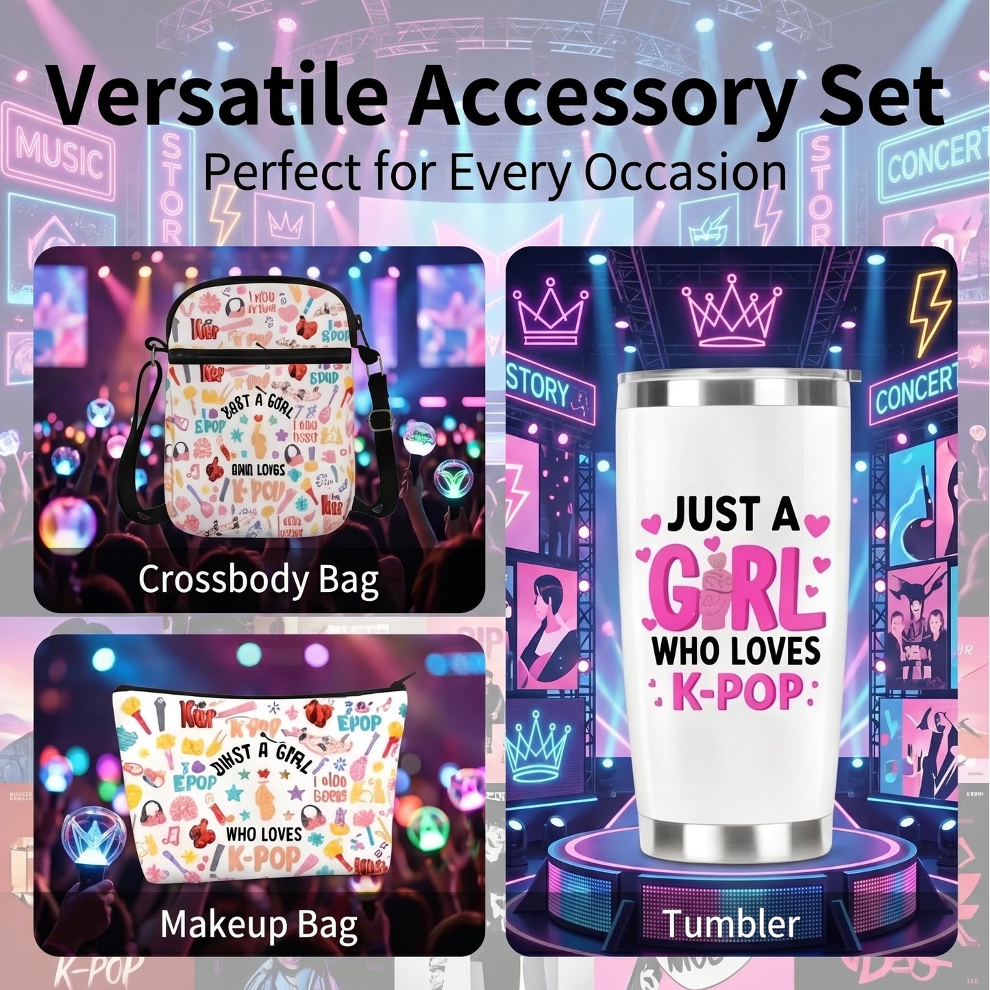 K-Pop Gift Set for Girls - 4-in-1 Bundle Includes 20oz Vacuum Insulated Tumbler, Crossbody Phone Bag, Makeup Pouch, and Aesthetic Cotton Socks - Trendy Korean Idol Style Merchandise Fans Gifts Bundle