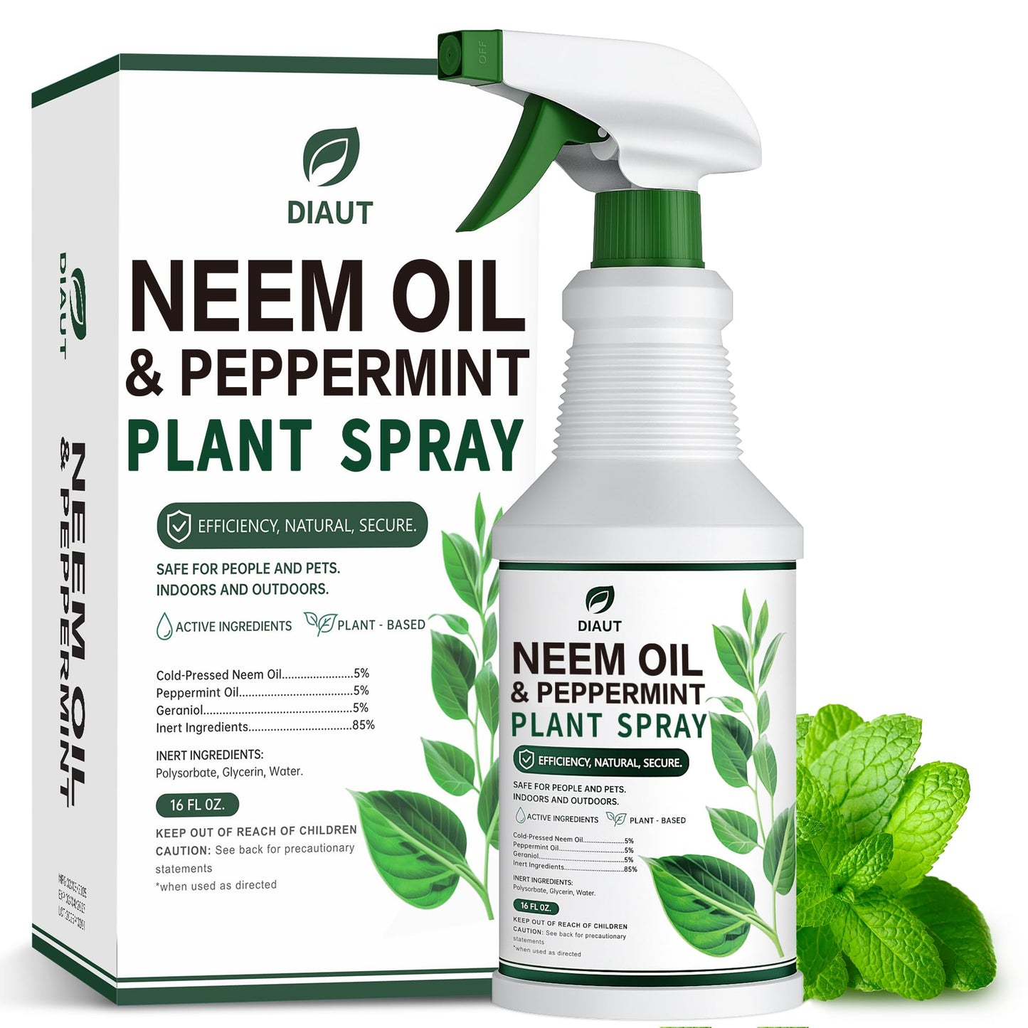 DIAUT Neem Oil Spray for Plants with Peppermint Oil, Easy Ready to Use Natural Plant Wash and Foliage Care for Indoor and Outdoor Plants, Gardens, Houseplants & Vegetables, 16 oz