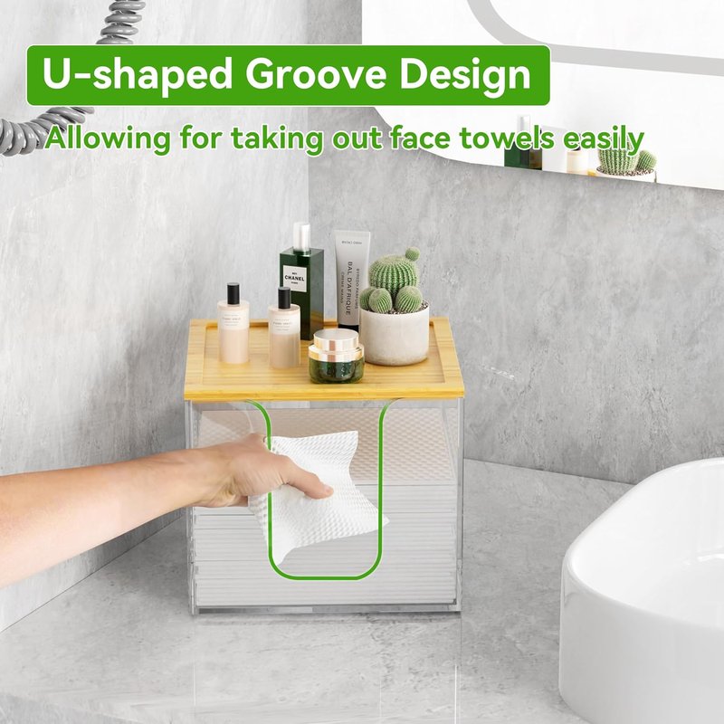Acrylic Face Towel Holder Box - Large Disposable Towel Storage with Bamboo Lid | Clear Bathroom Organizer