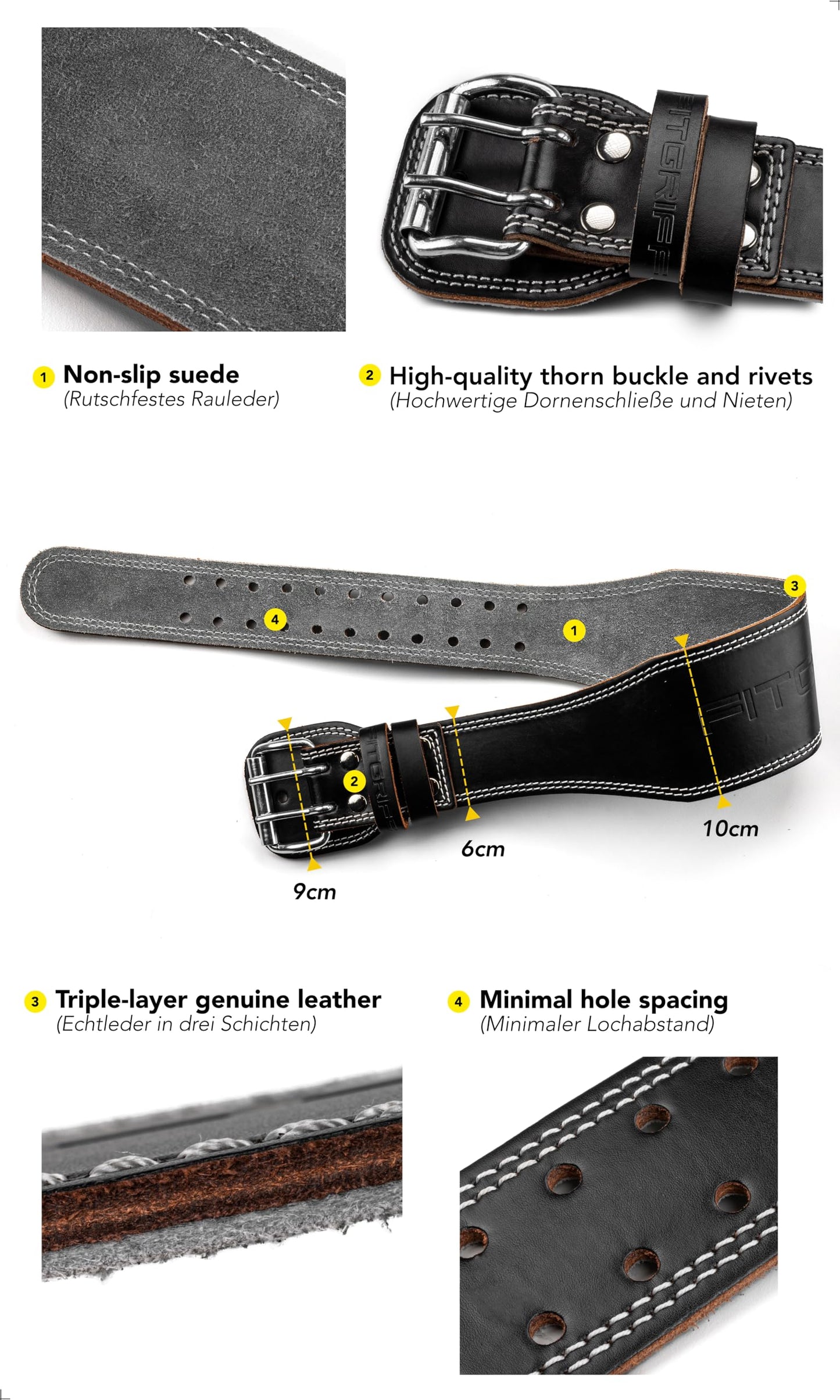 Fitgriff® Classic Weight Lifting Belt (100% Leather) for Men and Women - Gym Belt for Squats, Deadlift, Back Support (L, Black (4 inch))