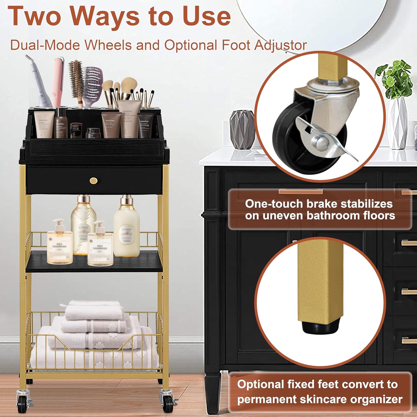 Large Makeup Organizer Cart - Rolling Vanity Storage with Hair Tool Holder | Gold & Black, 2-in-1 Design