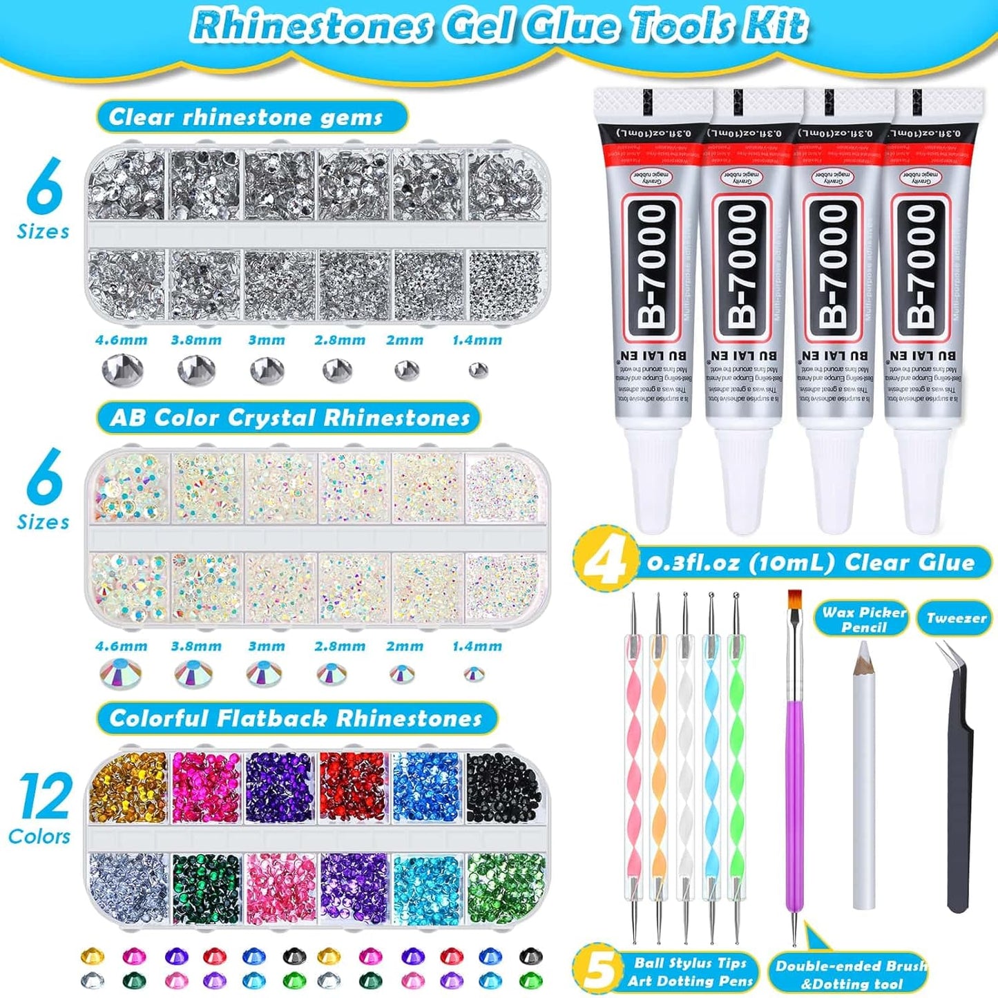 Shynek B7000 Jewelry Glue - Rhinestones & Gems Adhesive for Crafts | 6300 Pcs with Picker Pencil for Diamond Art