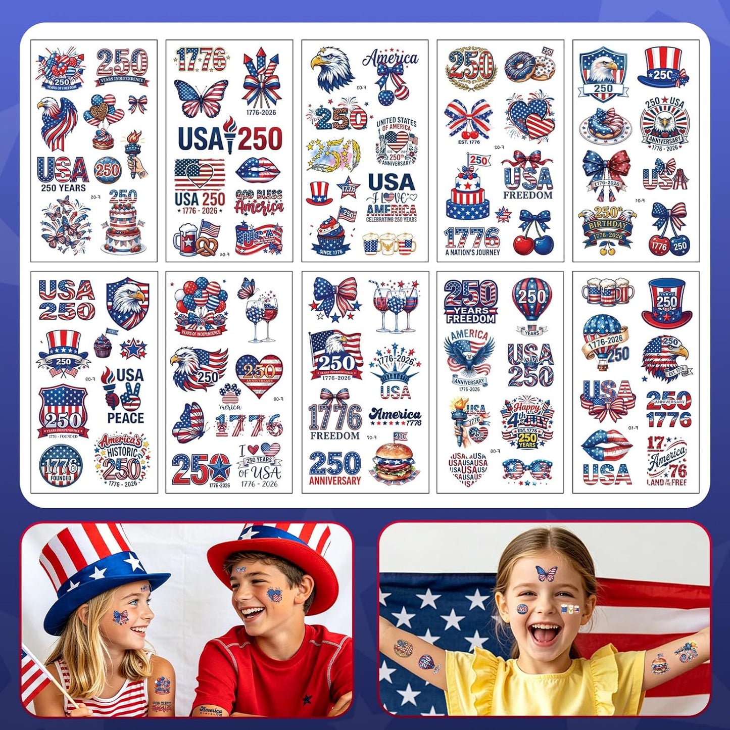 4th of July Temporary Tattoos - 80 PCS American Flag Designs | Red, White & Blue Kids' Party Accessories