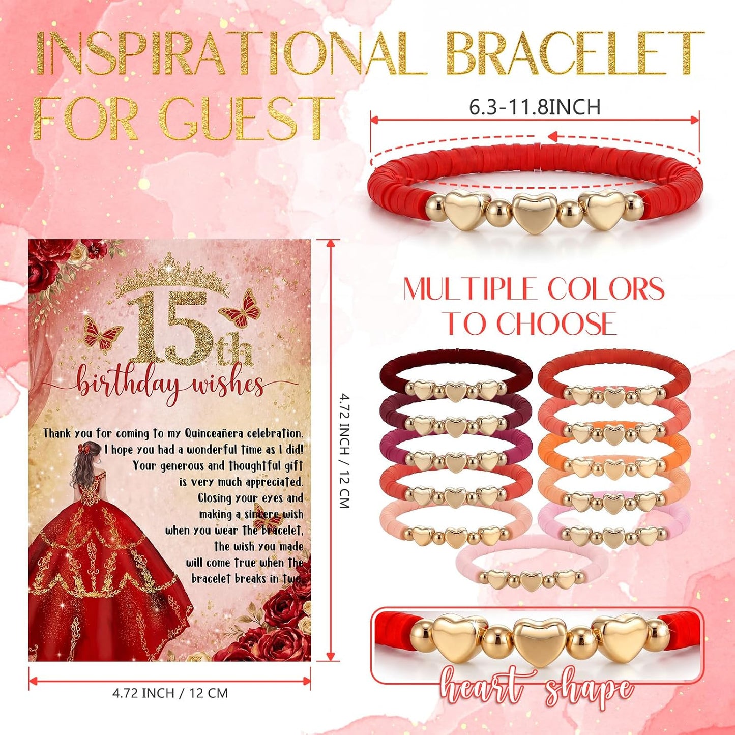 Quinceañera Party Favors - 25 Heart Beaded Bracelets with Thank You Cards | Perfect Birthday Gifts for Guests