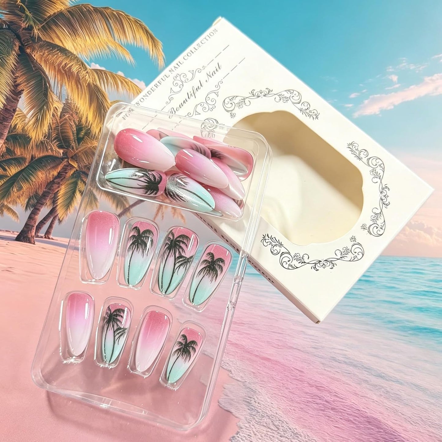 Almond Press-On Nails - Pink Coconut Tree Designs | Glossy Glitter Acrylic, 24 Pcs Reusable for Beach Vacation & Daily Wear