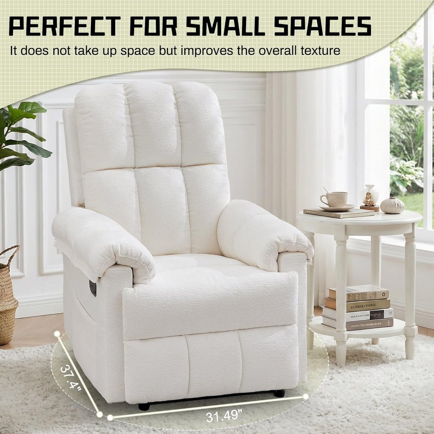 Recliner Chair - Upholstered Manual Recliner for Small Spaces | Modern Chenille Design in Beige with Side Pockets