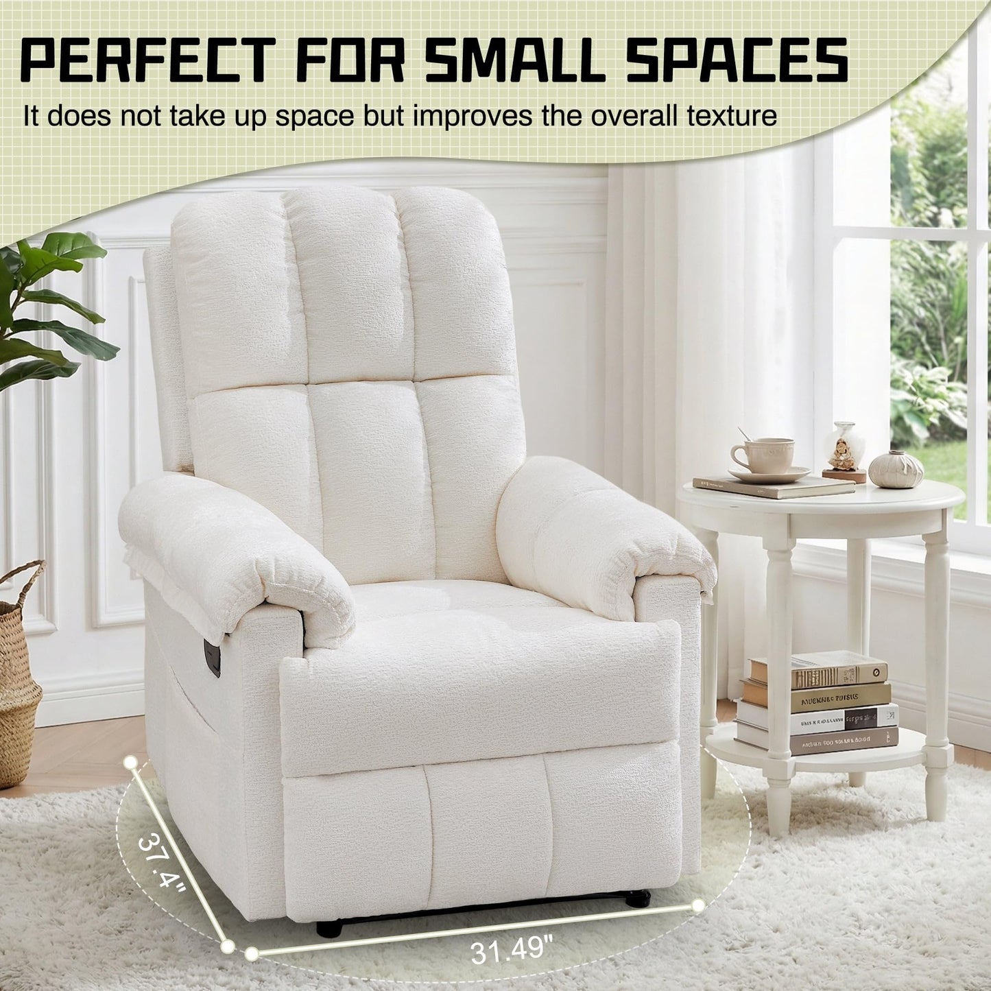 Korser Recliner Chair, Living Room Recliner Chairs for Adults, Small Recliners for Small Spaces, Upholstered Manual Recliner with Side Pockets, Modern Nursery Chair for Living Room, Chenille, Beige