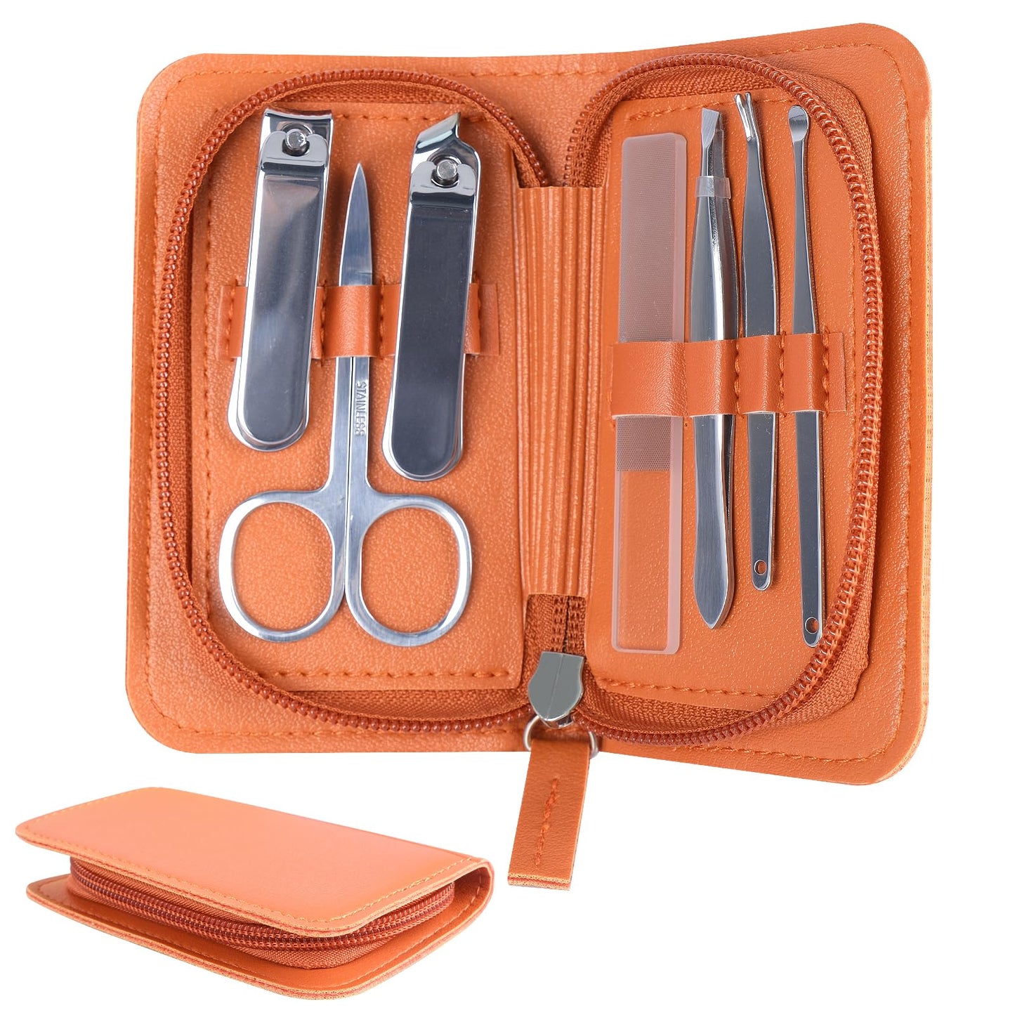 Manicure Set 7 in 1 Stainless Steel, Nail Clippers Scissors Pedicure Tools Kit, Portable Travel Grooming Kit for Men and Women with Leather Case