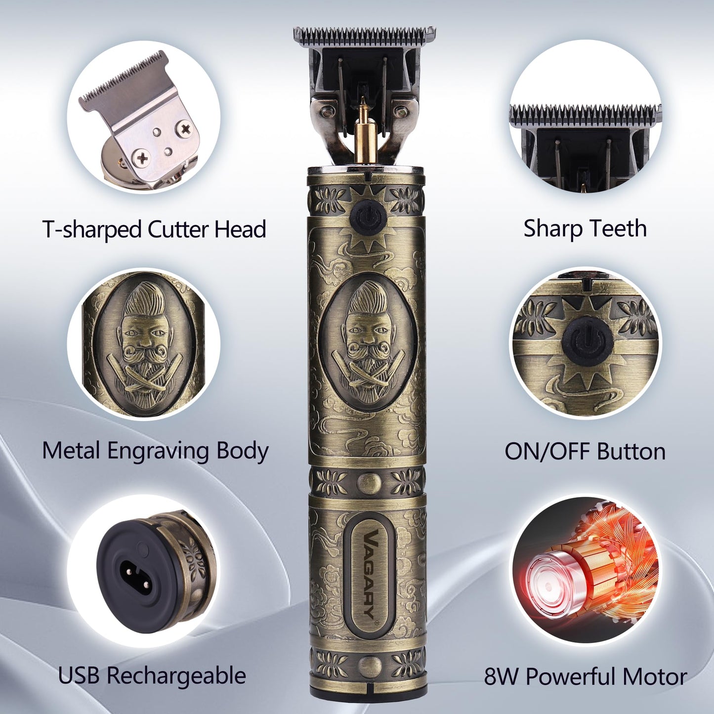 VAGARY Professional Electric Hair Clipper for Men,T Blade Beard Hair Trimmer,Clippers Cordless & Rechargeable Electric Shaver Haircut Clipper with Guide Combs,Home Barber Salon Set (Bronze)