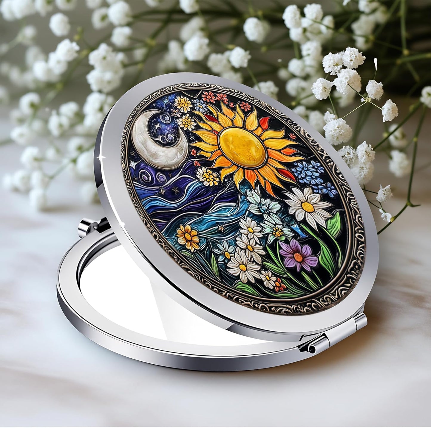 Silver Compact Mirror - Double-Sided Folding Makeup Mirror with Sun Moon Floral Design | 2.8"x2.8" - Perfect Gift for Women