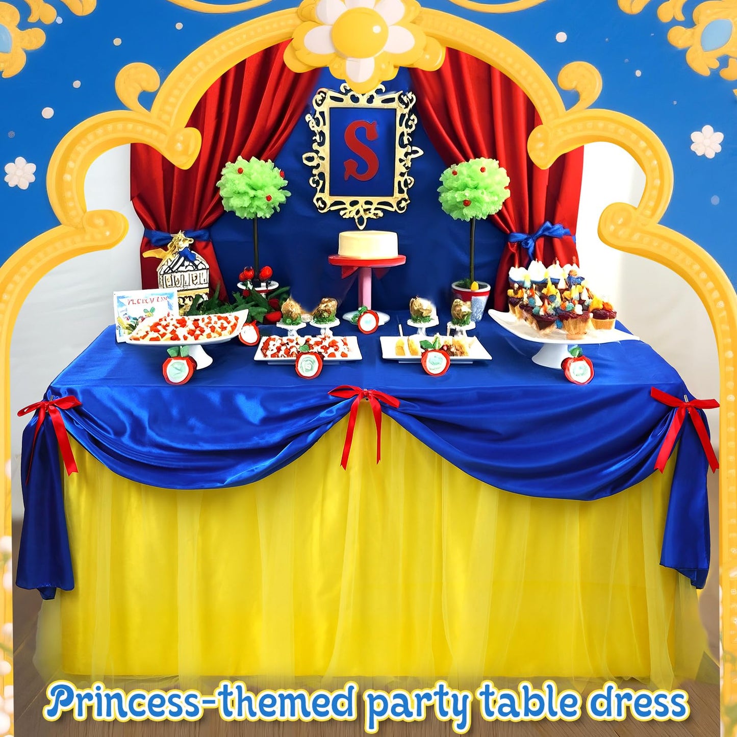 Windkream Princess Snow Party Tablecloth Blue and Yellow Tulle Table Skirt 30 x 108 Inch Snow Princess Tables Cover for Birthday Party Decor Supplies