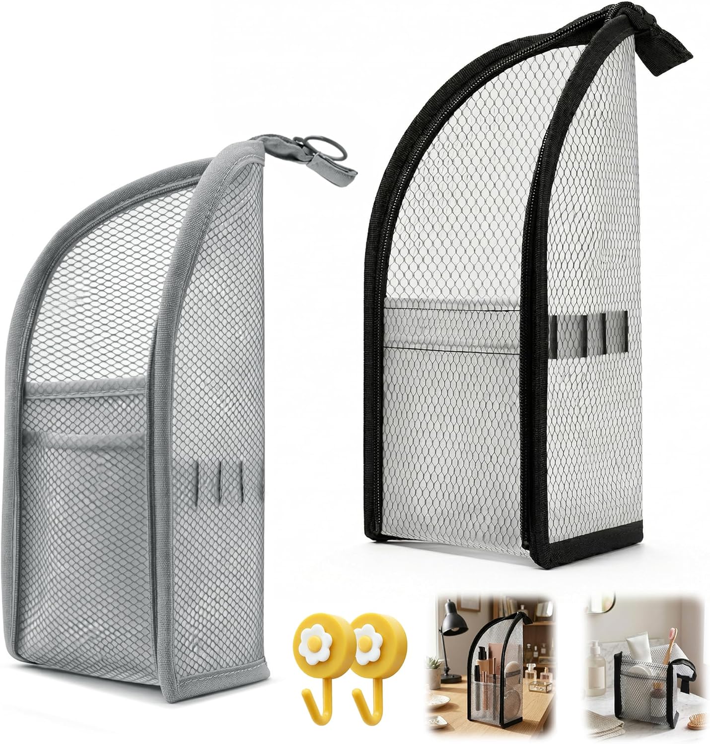Travel Toiletry Bag - Clear Portable Makeup Organizer for Men & Women | Lightweight EVA Mesh, Hanging Design (Black & Grey)