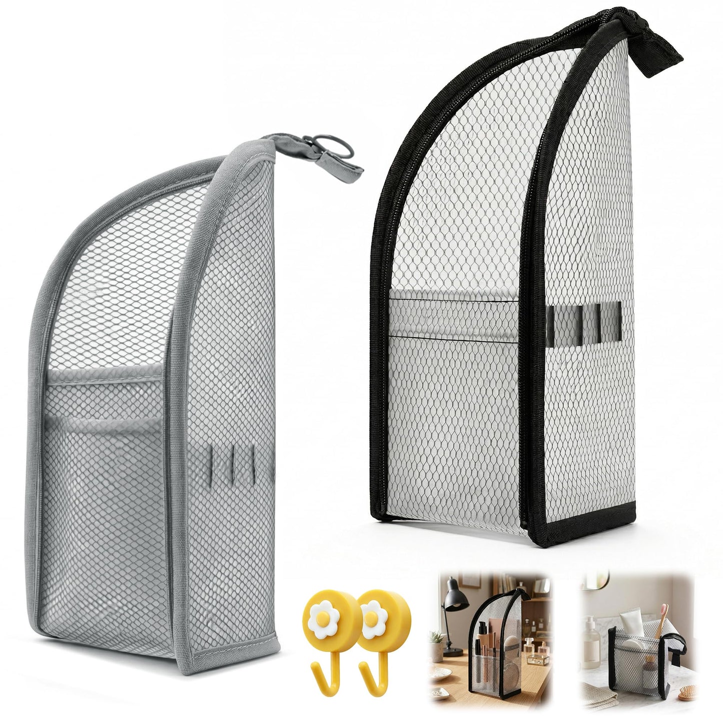 LISINUO Standing Travel Toiletry Bag, Clear Portable Lightweight Makeup Organizer for Women & Men, EVA Mesh Material Toothbrush Pouch, Hanging Design for Car & Bathroom Use (Black+Grey)