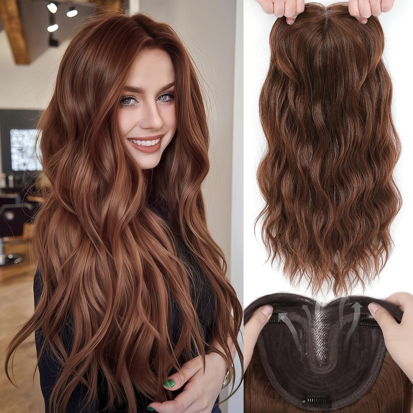 16 Inch Hair Topper for Women - Synthetic Curly Wavy Clip-In with Curtain Bangs | Natural Crown Coverage in Chestnut Brown
