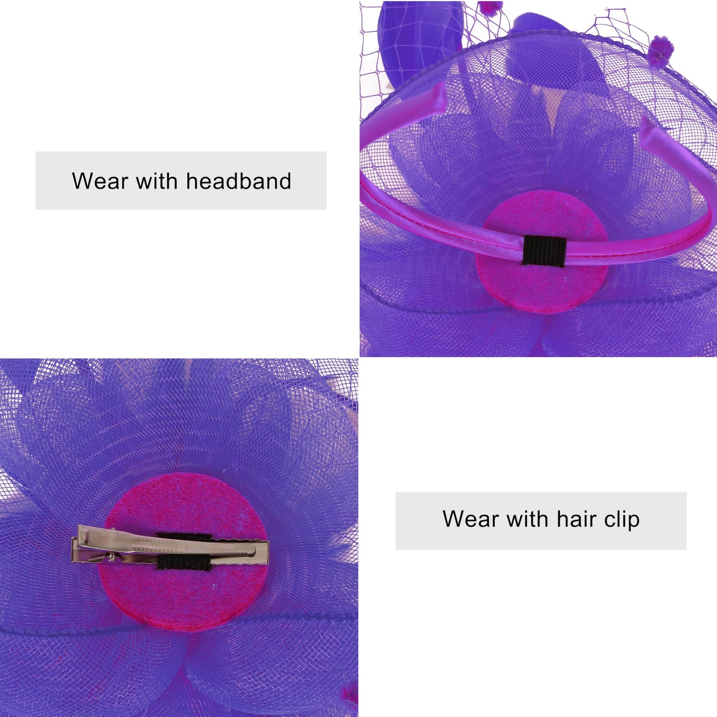 Women Fascinators Hat with Feathers Pearls for Tea Party Weddings Derby Headwear(Purple)