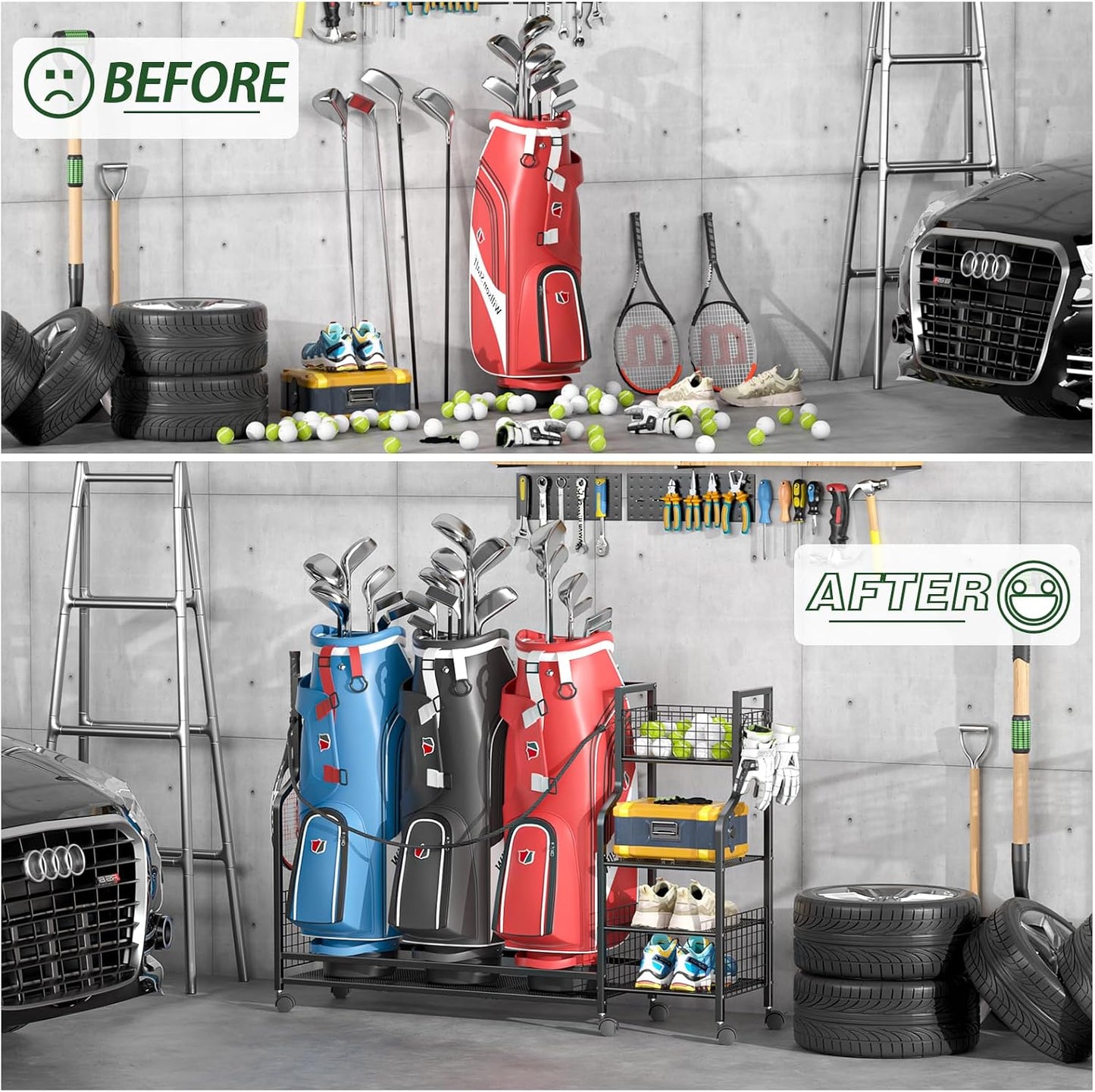 Golf Bag Storage Rack with Wheels - Durable Organizer for Golf Equipment | Ideal for Garage, Home, Shed (Black)